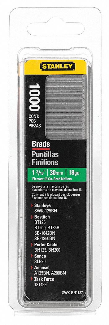 BRAD NAILS, GALVANIZED STEEL, 1 3/16 IN LEG L, 18 GA, 1000-PK, FOR TRE650 BRAD NAILER