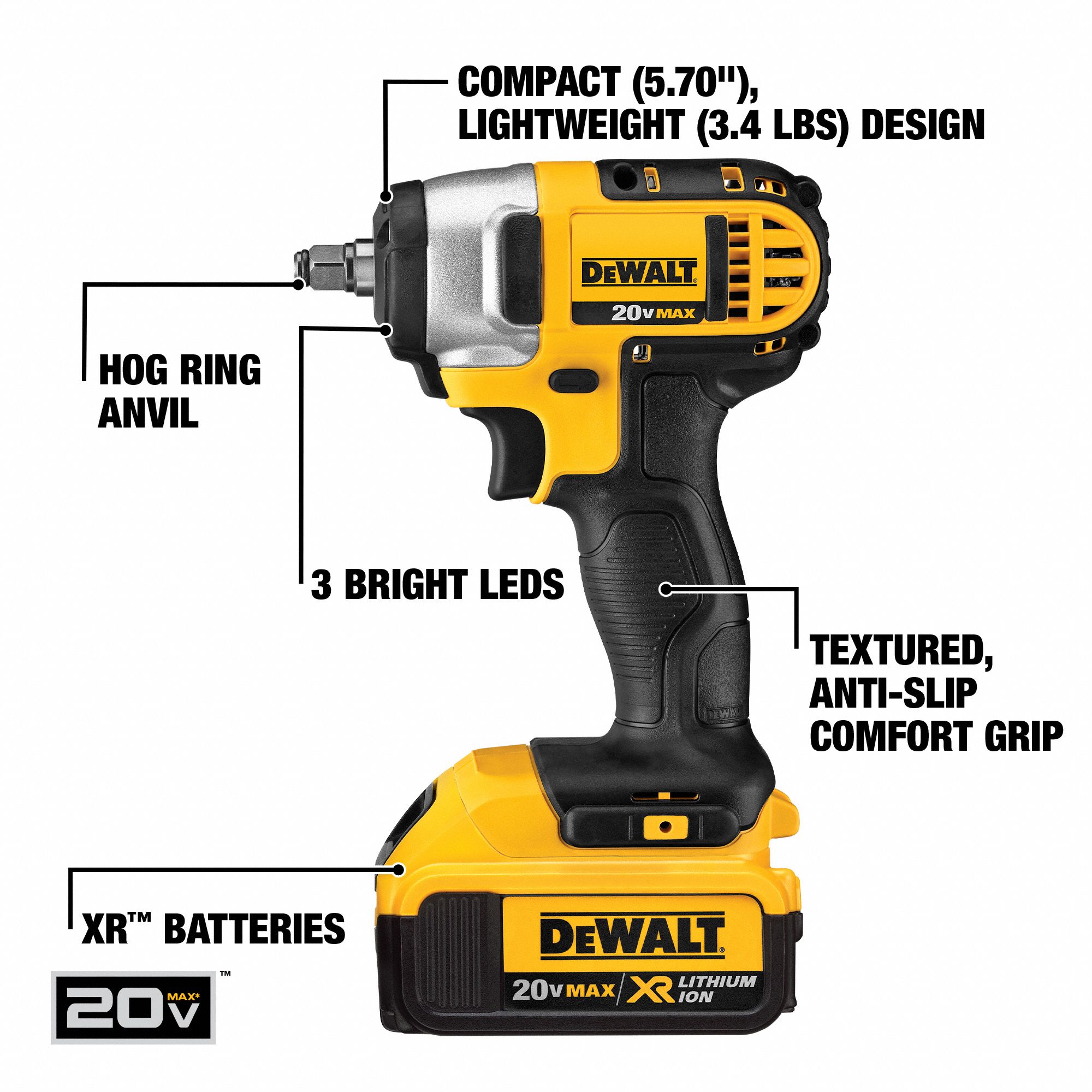 DEWALT Cordless, Impact Wrench, 20V DC, 130 ftlb Breakaway Torque