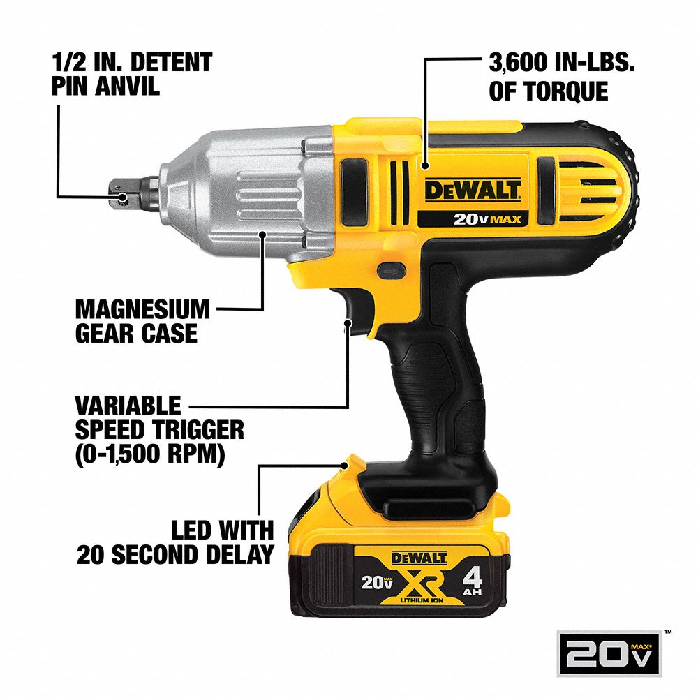 DEWALT Impact Wrench 1/2 in Square Drive Size, 400 ftlb Fastening Torque, 400 ftlb Breakaway