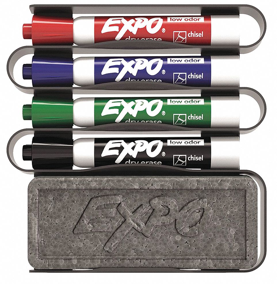 Dry Erase Marker Set: Chisel, Capped, Assorted, Original, Low Odor, Black/Blue/Green/Red, 4 PK
