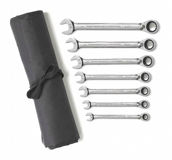 Combination Wrench Set: Alloy Steel, Chrome, 7 Tools, 15° Head Offset Angle, Offset