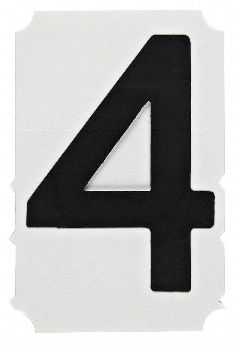 Number Label: 1 in Character Ht, Indoor/Outdoor, Non-Reflective, Gothic, Black, 4, Die Cut, 10 PK