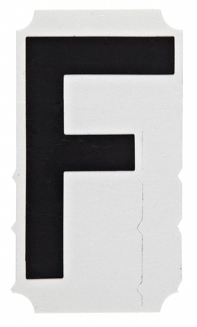 Letter Label: 4 in Character Ht, Indoor/Outdoor, Non-Reflective, Gothic, Black, F, Die Cut, 10 PK