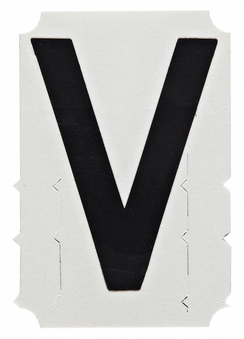Letter Label: 3 in Character Ht, Indoor/Outdoor, Non-Reflective, Gothic, Black, V, Die Cut, 10 PK