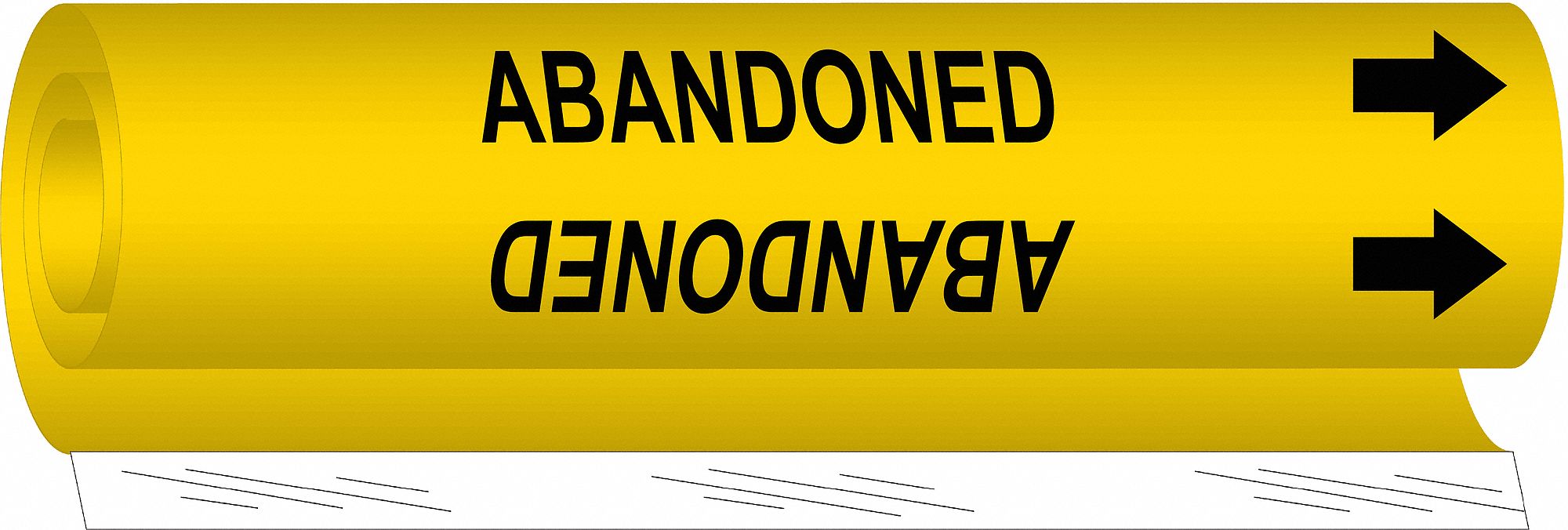 Pipe Marker: Abandoned, Yellow, Black, Fits 1 1/2 to 2 3/8 in Pipe O.D., 1 Pipe Markers, With Arrows