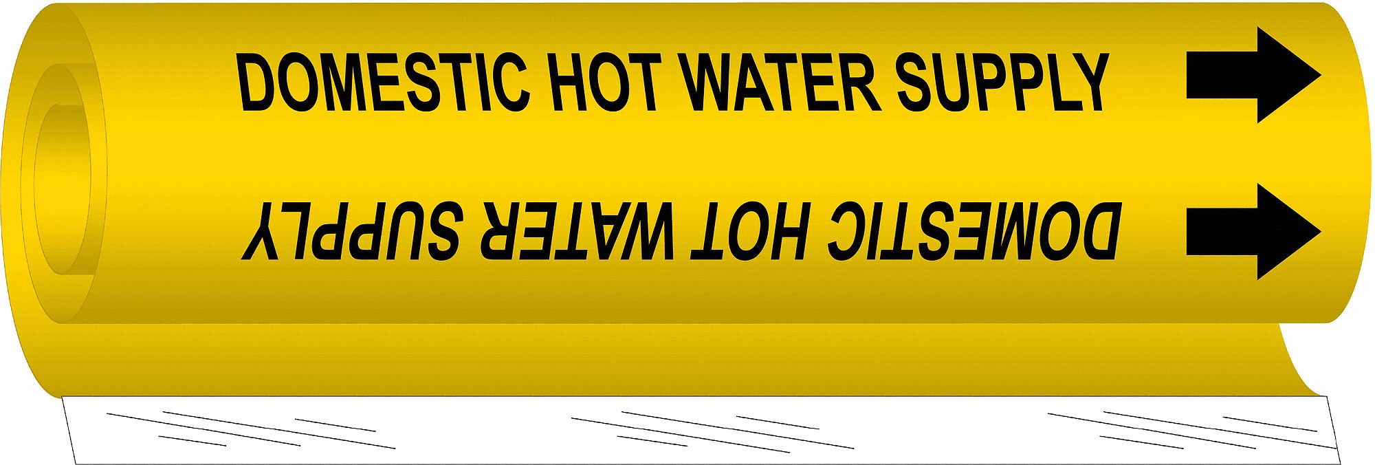 Pipe Marker: Domestic Hot Water Supply, Yellow, Black, Fits 1/2 to 1 3/8 in Pipe O.D., With Arrows
