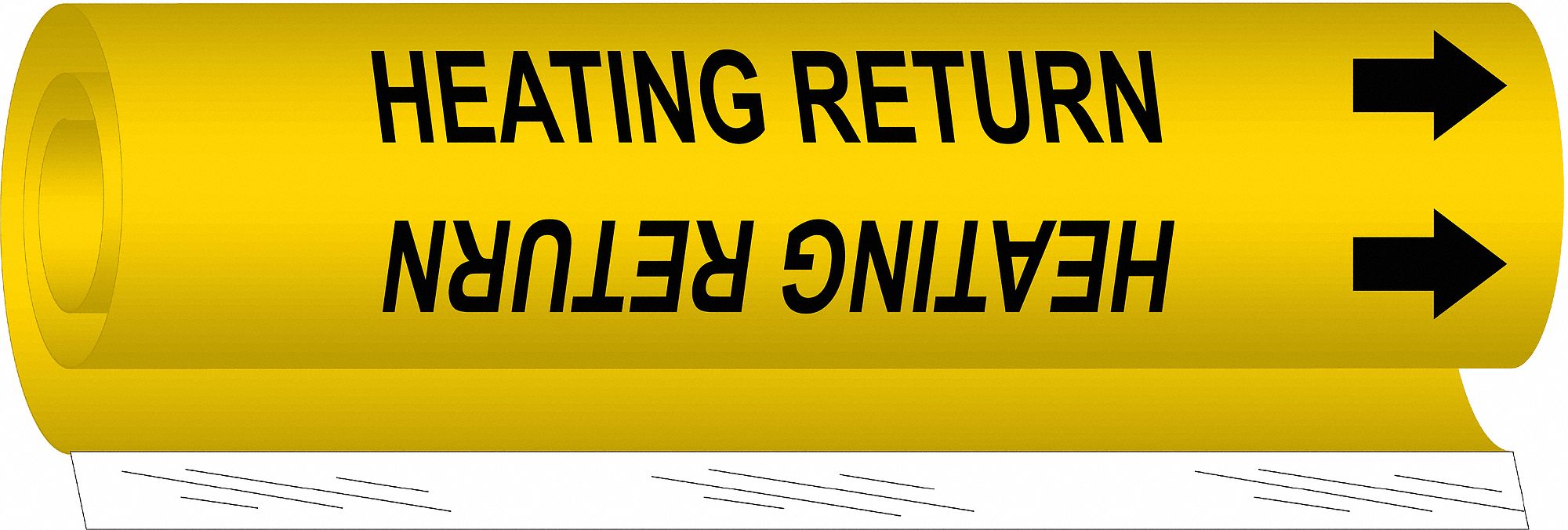 Pipe Marker: Heating Return, Yellow, Black, Fits 1 1/2 to 2 3/8 in Pipe O.D., 1 Pipe Markers
