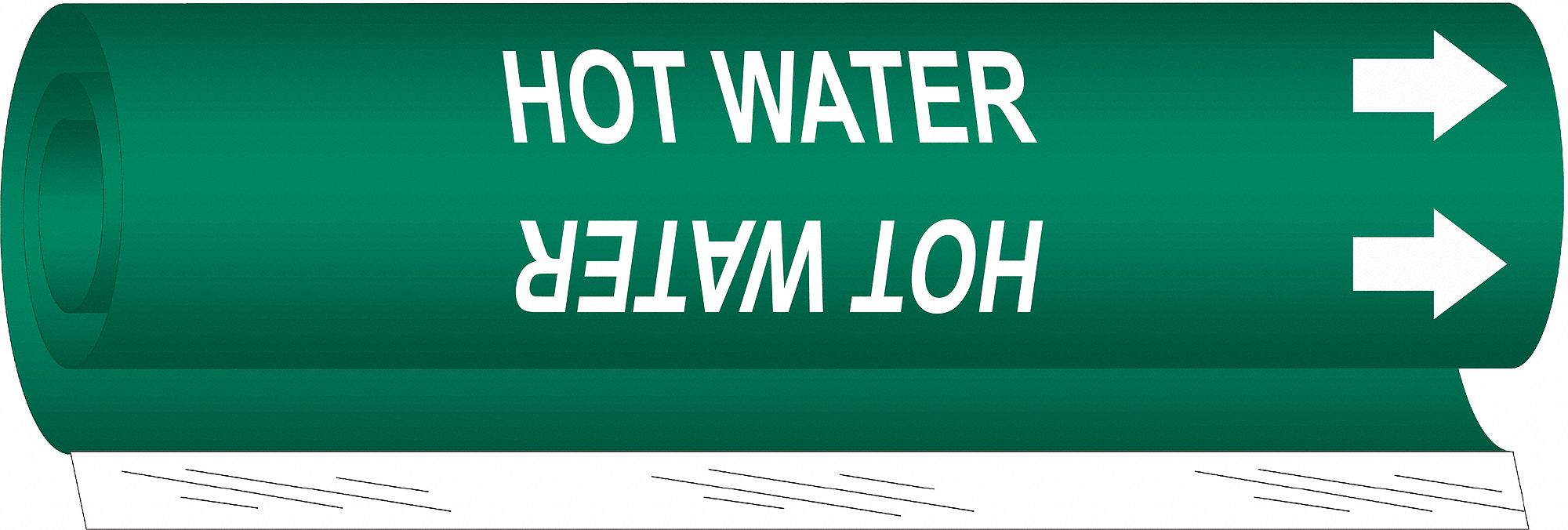 Pipe Marker: Hot Water, Green, White, Fits 1 1/2 to 2 3/8 in Pipe O.D., 1 Pipe Markers, With Arrows