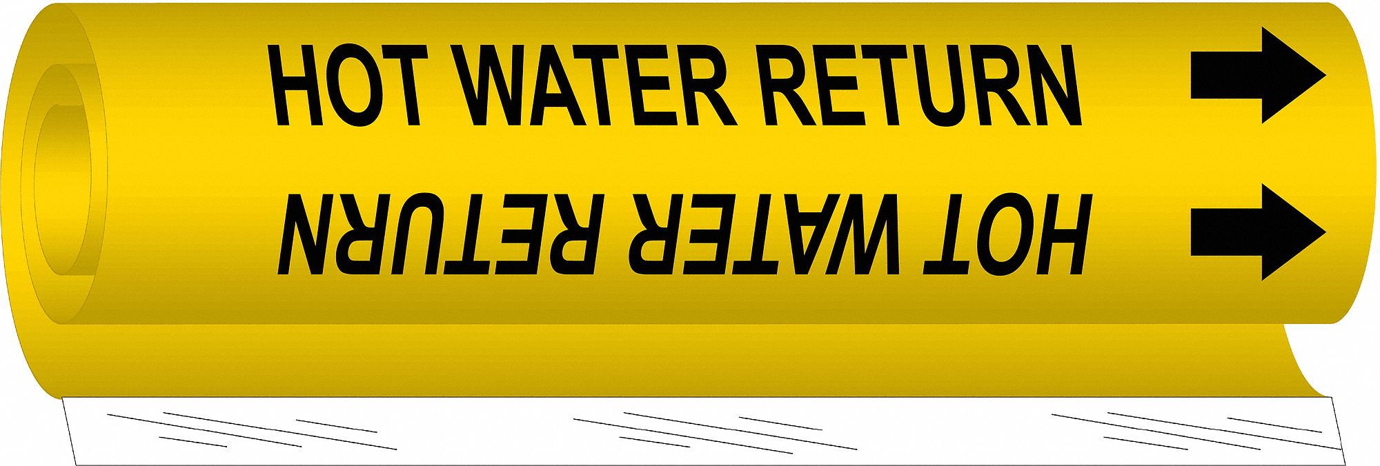 Pipe Marker: Hot Water Return, Yellow, Black, Fits 1 1/2 to 2 3/8 in Pipe O.D., 1 Pipe Markers