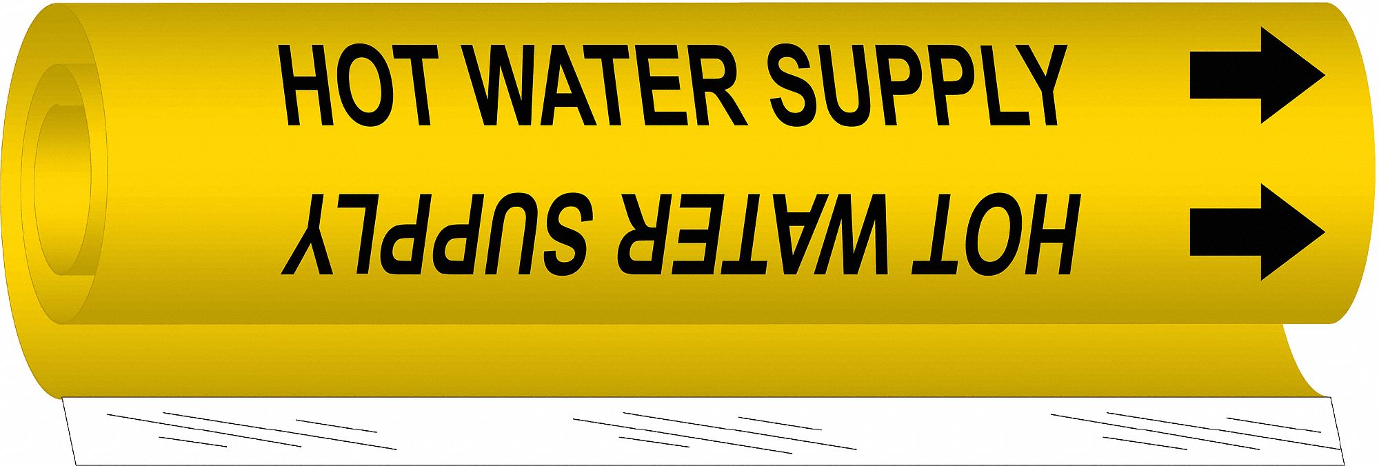 Pipe Marker: Hot Water Supply, Yellow, Black, Fits 1 1/2 to 2 3/8 in Pipe O.D., 1 Pipe Markers