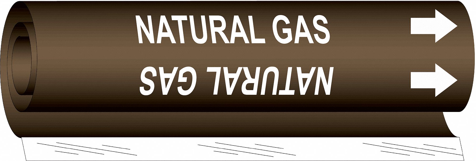 Pipe Marker: Natural Gas, Brown, White, Fits 1 1/2 to 2 3/8 in Pipe O.D., 1 Pipe Markers