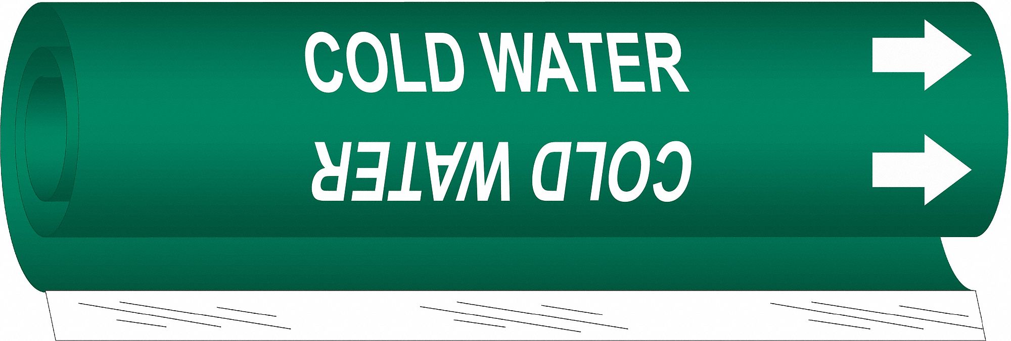 Pipe Marker: Cold Water, Green, White, Fits 1 1/2 to 2 3/8 in Pipe O.D., 1 Pipe Markers, With Arrows