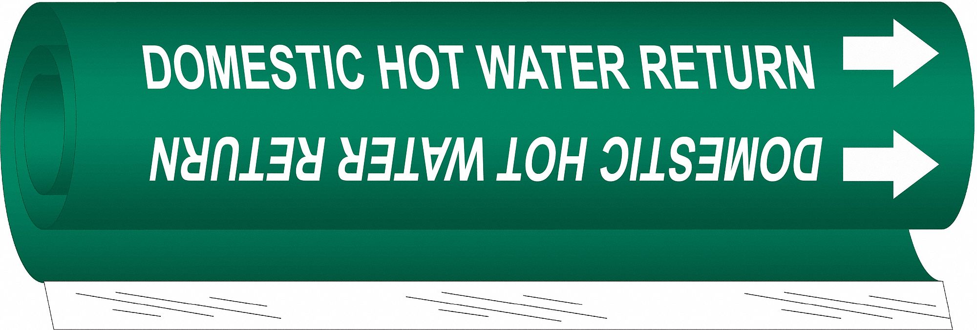 Pipe Marker: Domestic Hot Water Return, Green, White, Fits 1 1/2 to 2 3/8 in Pipe O.D., With Arrows