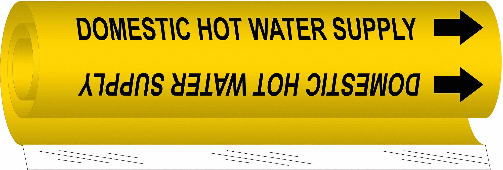 Pipe Marker: Domestic Hot Water Supply, Yellow, Black, Fits 1 1/2 to 2 3/8 in Pipe O.D., With Arrows