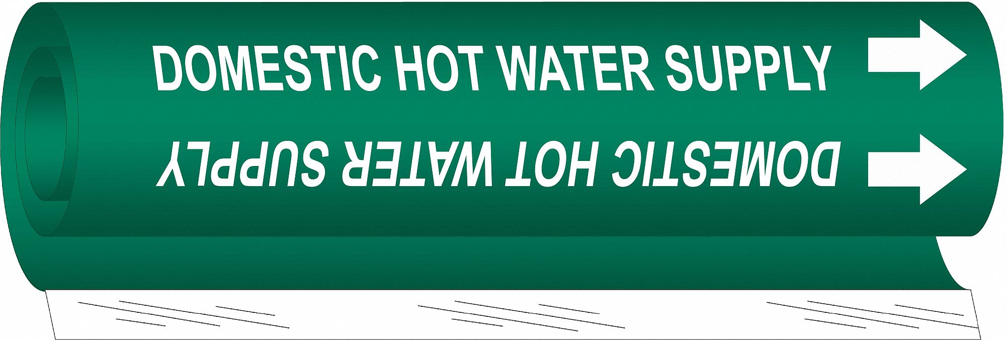 Pipe Marker: Domestic Hot Water Supply, Green, White, Fits 1 1/2 to 2 3/8 in Pipe O.D., With Arrows