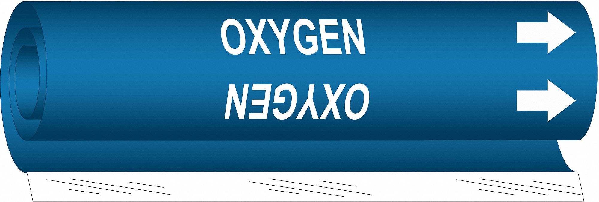 Pipe Marker: Oxygen, Blue, White, Fits 1/2 to 1 3/8 in Pipe O.D., 1 Pipe Markers, With Arrows