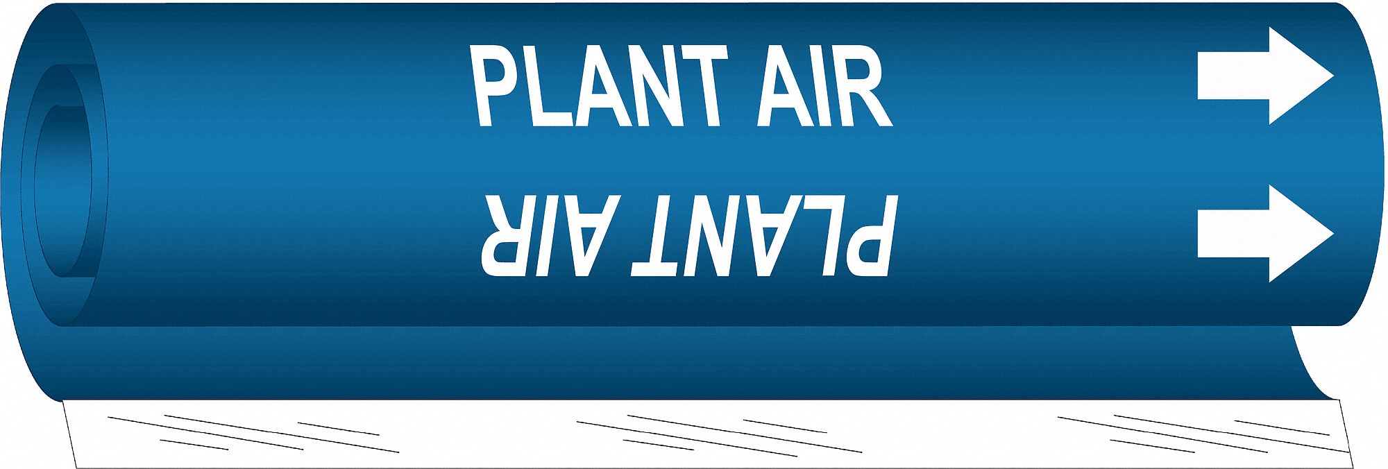 Pipe Marker: Plant Air, Blue, White, Fits 1 1/2 to 2 3/8 in Pipe O.D., 1 Pipe Markers, With Arrows