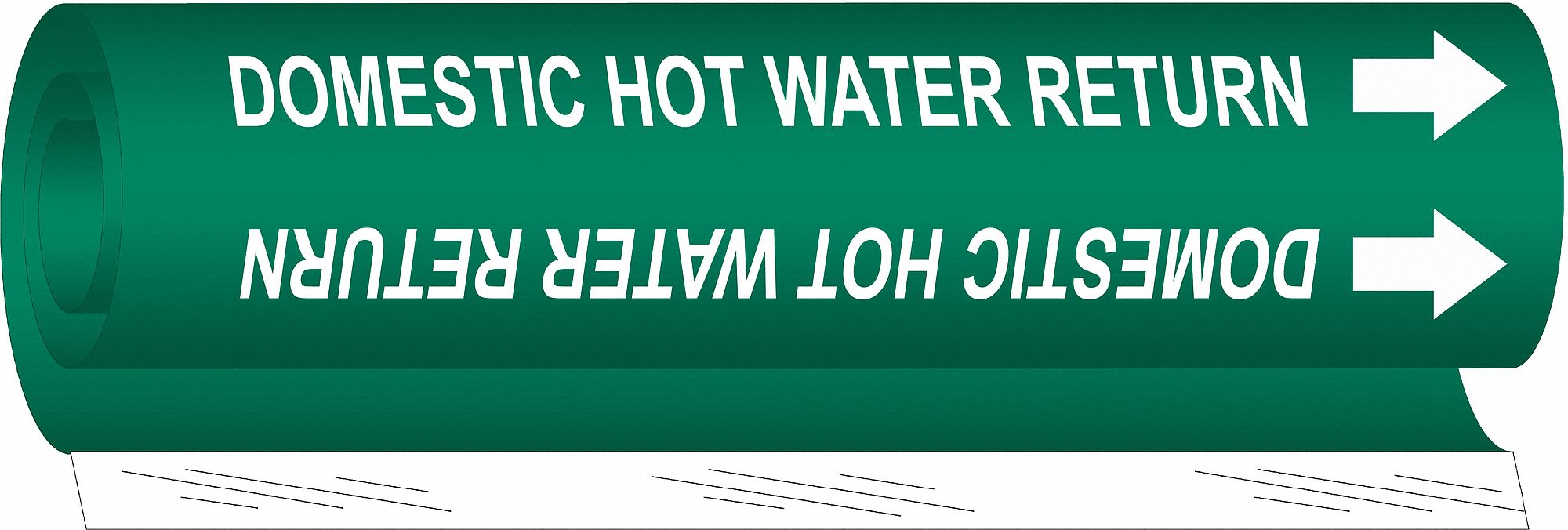 Pipe Marker: Domestic Hot Water Return, Green, White, Fits 2 1/2 to 7 7/8 in Pipe O.D., With Arrows