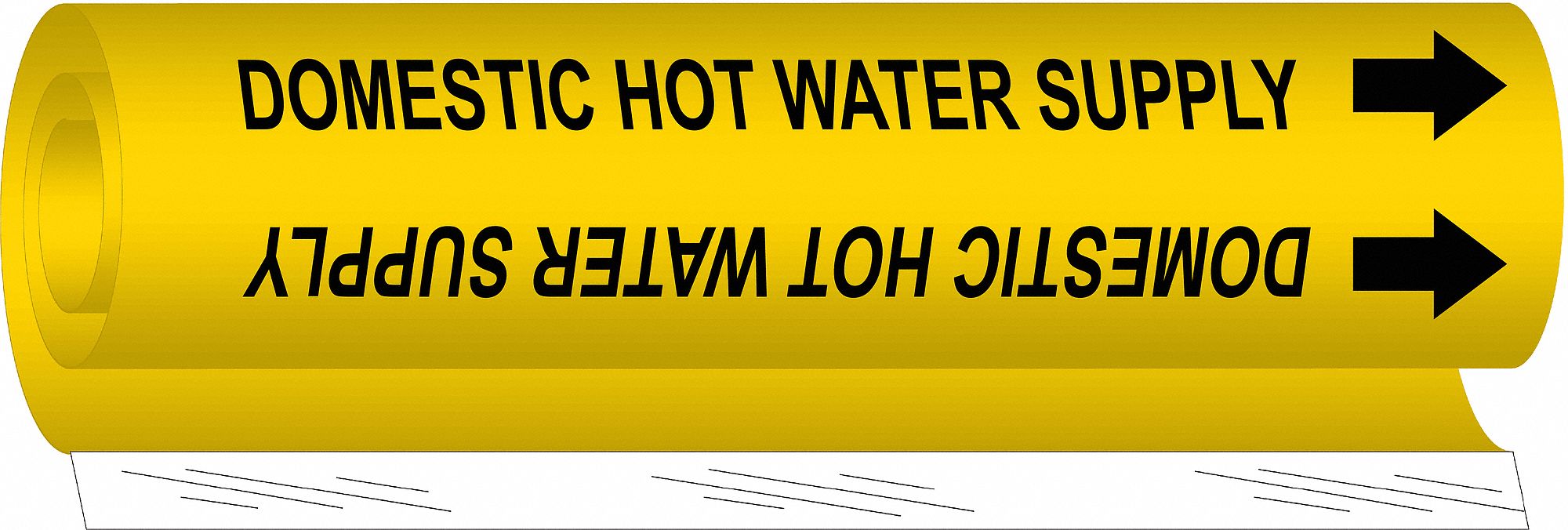 Pipe Marker: Domestic Hot Water Supply, Yellow, Black, Fits 2 1/2 to 7 7/8 in Pipe O.D., With Arrows