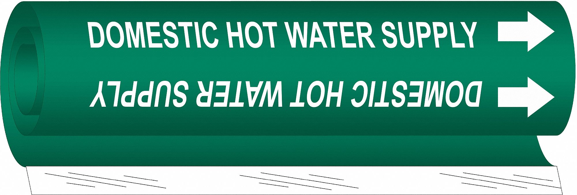Pipe Marker: Domestic Hot Water Supply, Green, White, Fits 2 1/2 to 7 7/8 in Pipe O.D., With Arrows