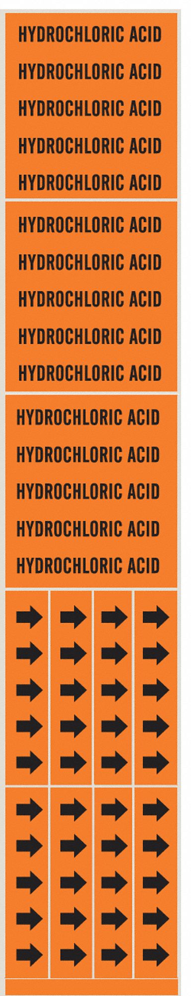 Pipe Marker: Hydrochloric Acid, Orange, Black, Fits 3/4 in and Smaller Pipe O.D., 3 Pipe Markers