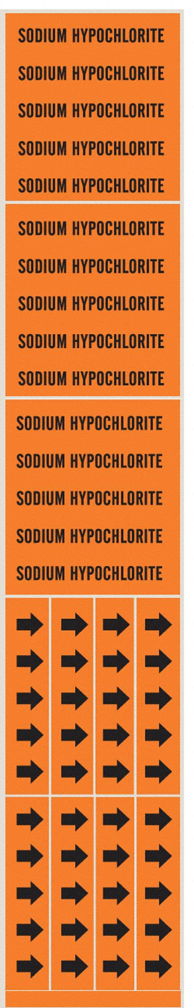 Pipe Marker: Sodium Hypochlorite, Orange, Black, Fits 3/4 in and Smaller Pipe O.D., 3 Pipe Markers