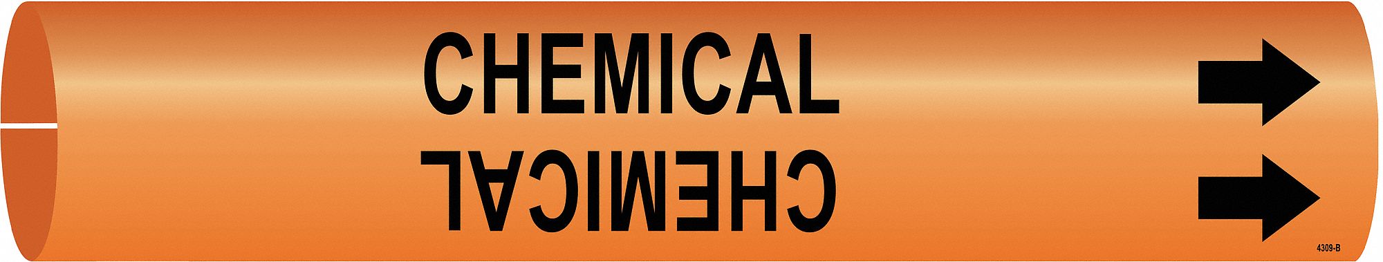 Pipe Marker: Chemical, Orange, Black, Fits 1 1/2 to 2 3/8 in Pipe O.D., 1 Pipe Markers, With Arrows