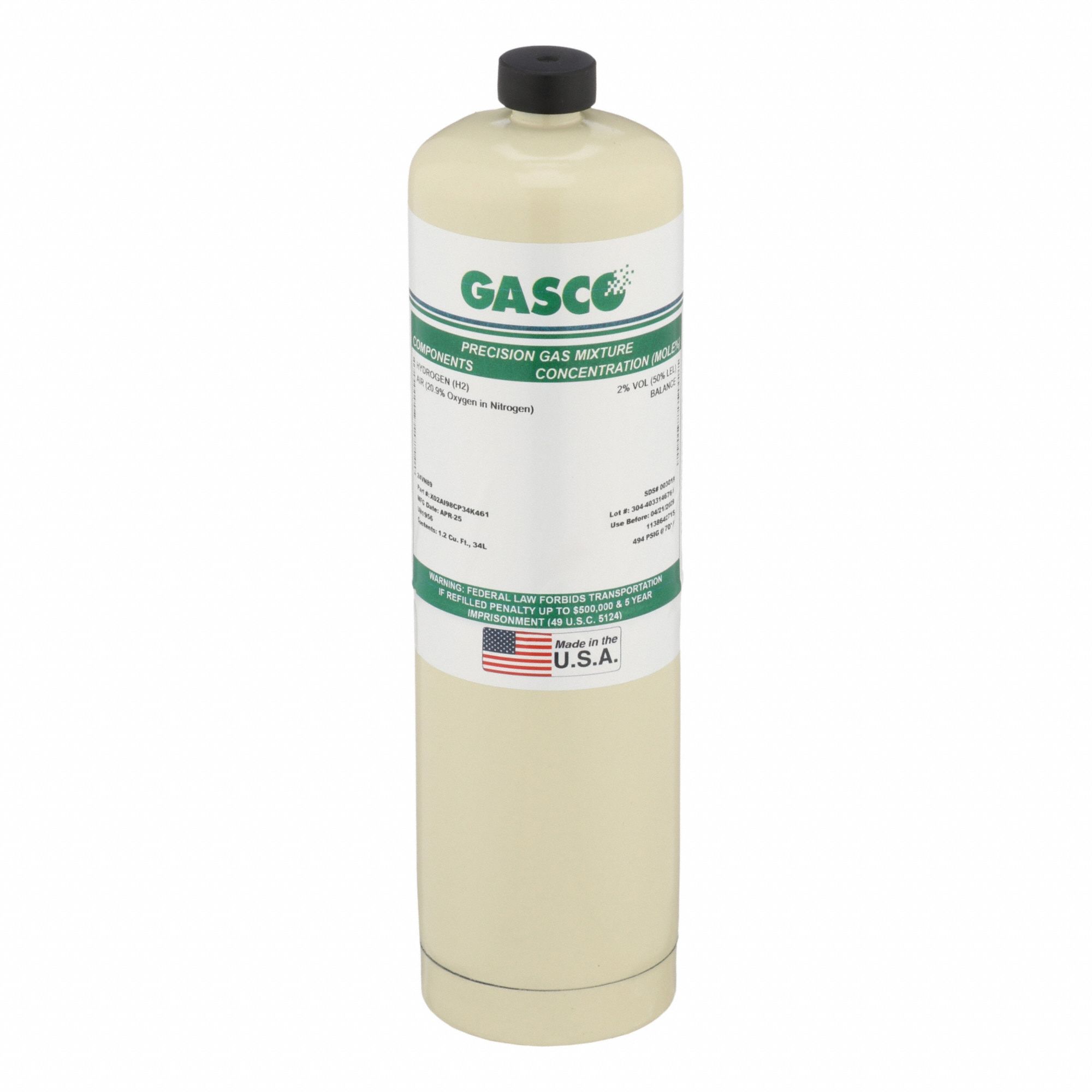 Calibration Gas: Air, Disposable, +/-5% Accuracy, 24VN89, X02AI98CP34K461, Calibration Gas