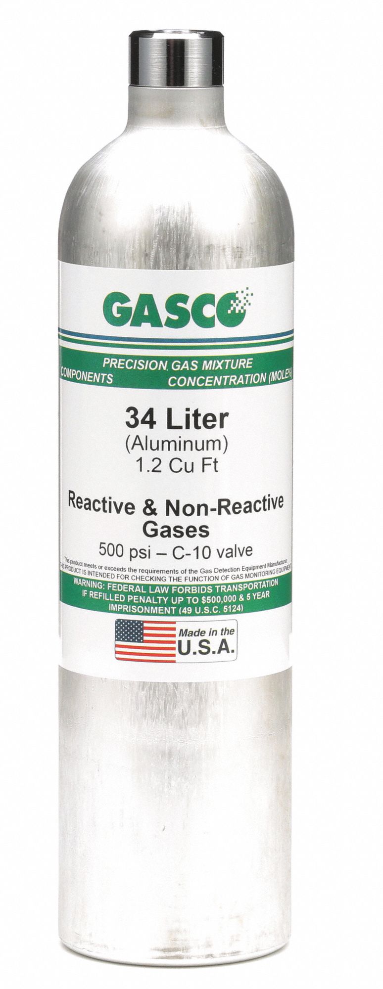 GASCO Acetylene, Nitrogen Calibration Gas, 34 L Cylinder Capacity 24VP1534LSM24 Grainger