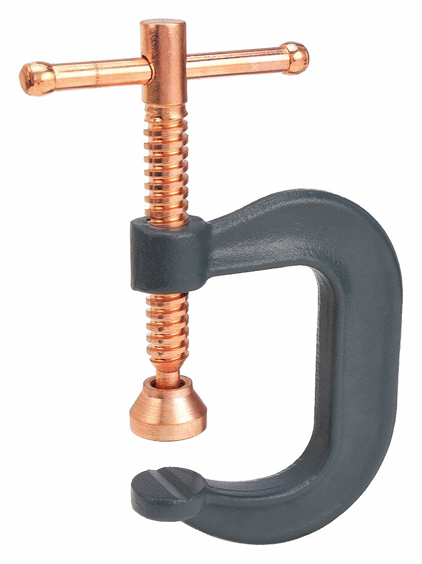 Spatter Resistant C-Clamp: Heavy Duty, V-Grooved, Swivel, Sliding T Handle, Copper Plated