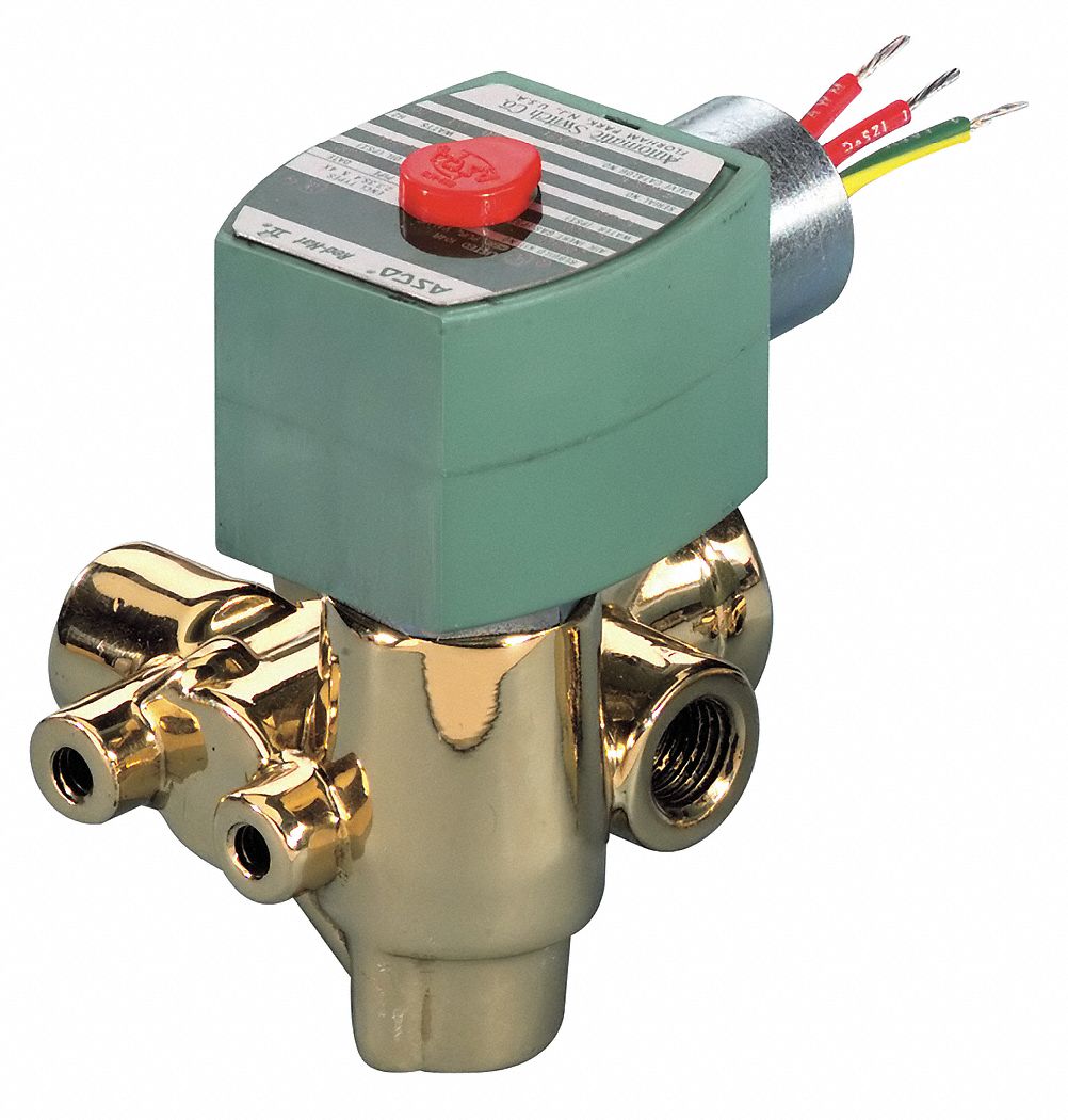 SOLENOID VALVE: 3-WAY, NORMALLY CLOSED, ¼ IN PIPE, 24V DC, QUICK EXHAUST, BRASS BODY