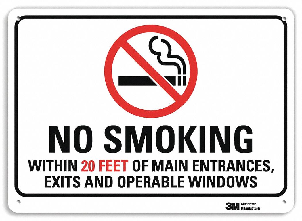 NO SMOKING SIGN, ALUMINUM, HOLE MOUNT, 10 X 14 IN, NO SMOKING WITHIN 20 FEET OF MAIN ENTRANCES, EXITS & OPERABLE WINDOWS