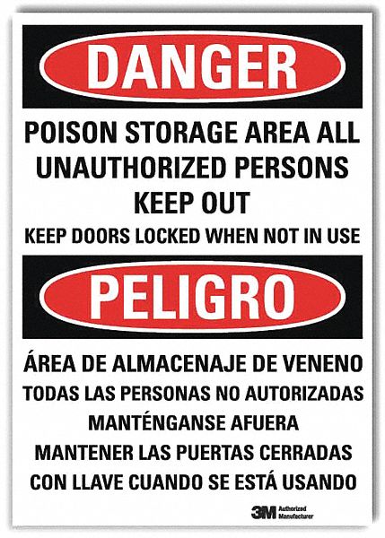 Danger Sign: Reflective Sheeting, Adhesive Sign Mounting, 10 in x 7 in Nominal Sign Size