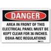Danger: Area In Front Of This Electrical Panel Must Be Kept Clear For 36 Inches OSHA-NEC Regulation Signs