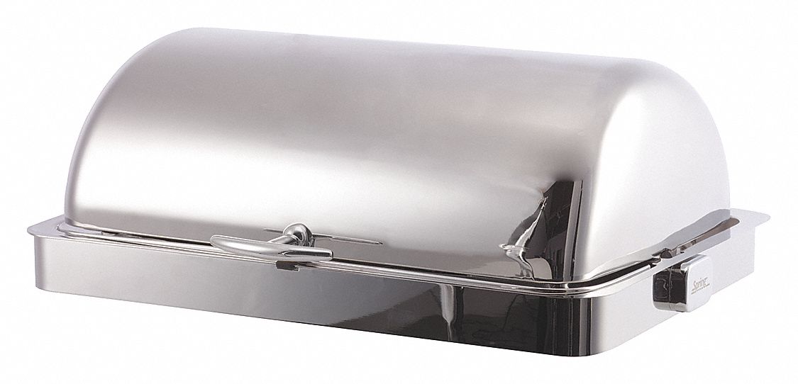 Drop-In Roll-Top Chafer: 9.8 qt Capacity, 26 in Overall Lg, 18 7/8 in Overall Wd, Silver