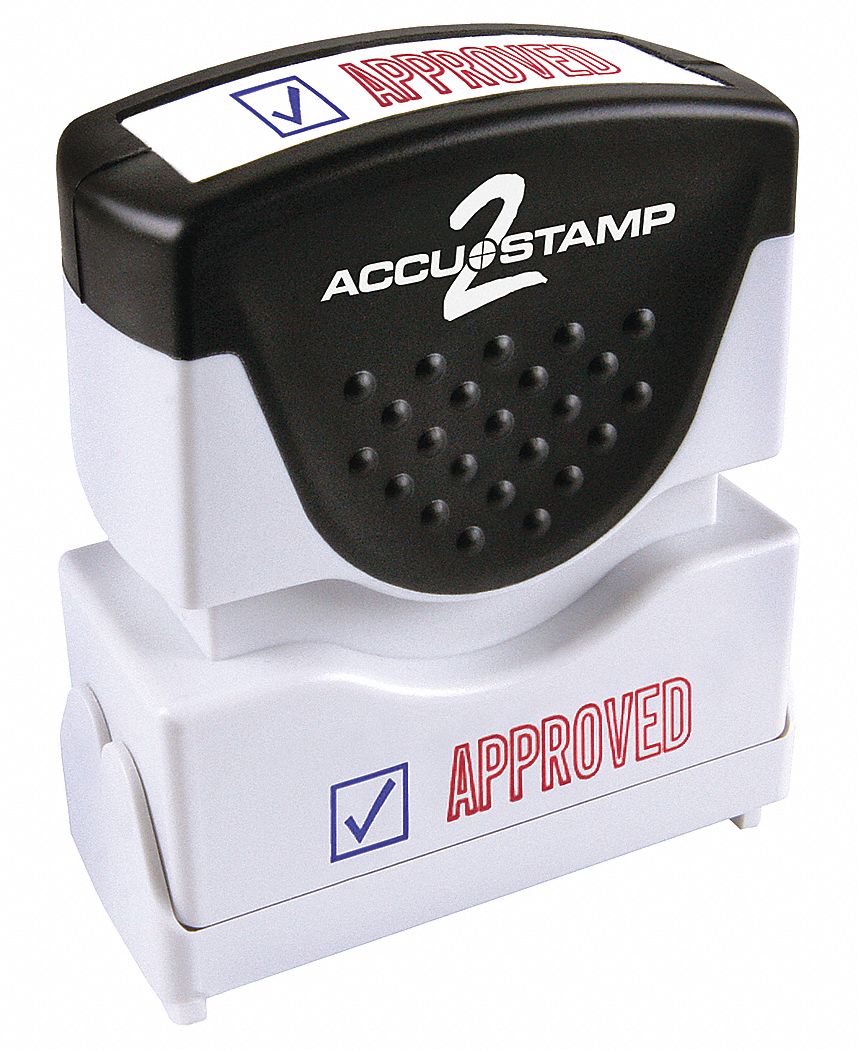 Message Stamp: APPROVED, Blue/Red, Plastic, 1/2 in Imprint Area Ht, 1 5/8 in Imprint Area Wd