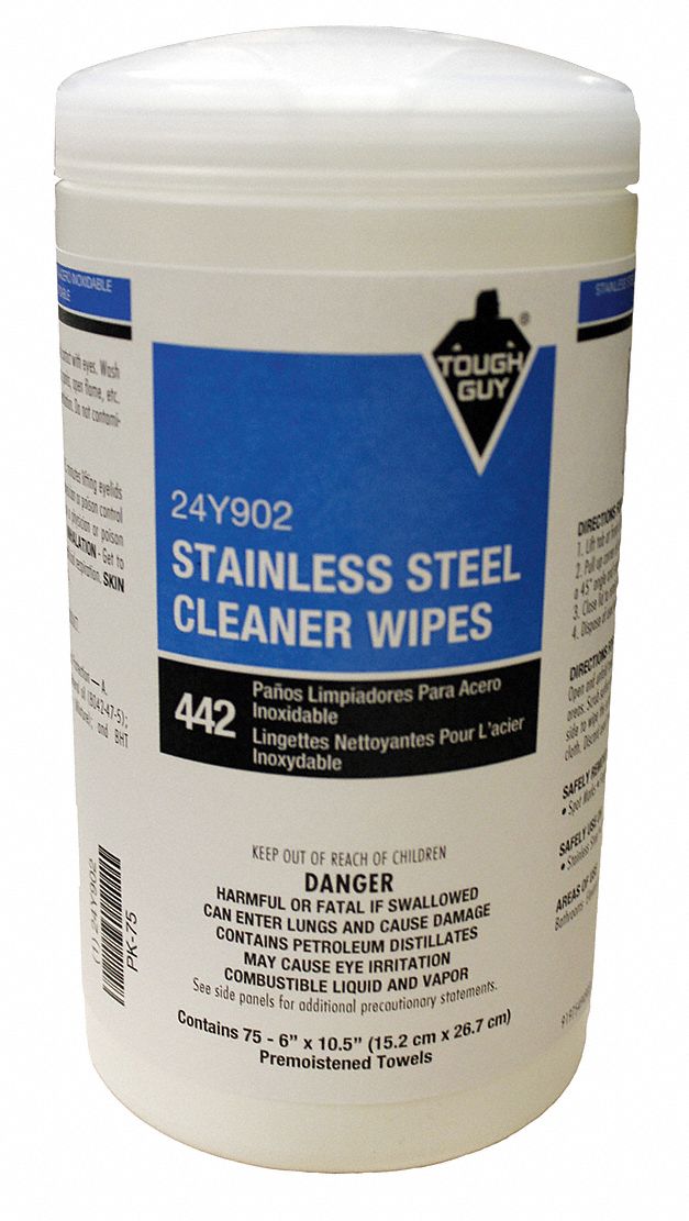 Tough Guy 24Y902 Stainless Steel Cleaner Wipes, 6 x 10-1/2, 75 Wipes