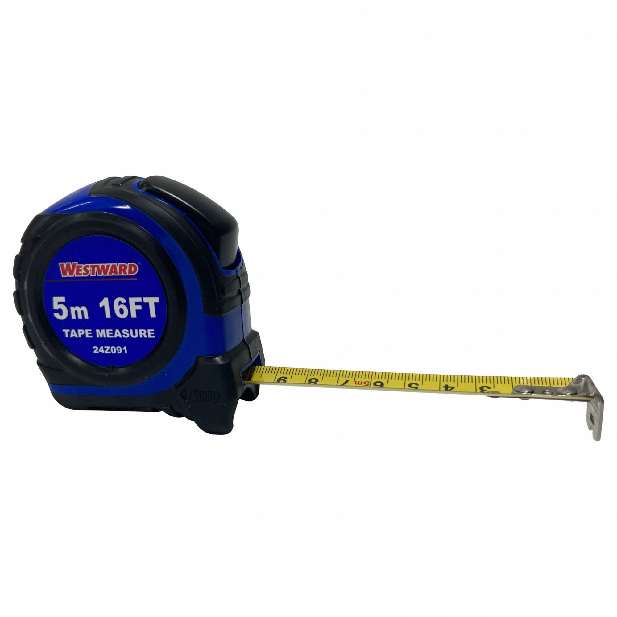 Tape Measure: Nonmagnetic Single Hook Tip, 16 ft / 5 m, Plastic with Rubberized Grip