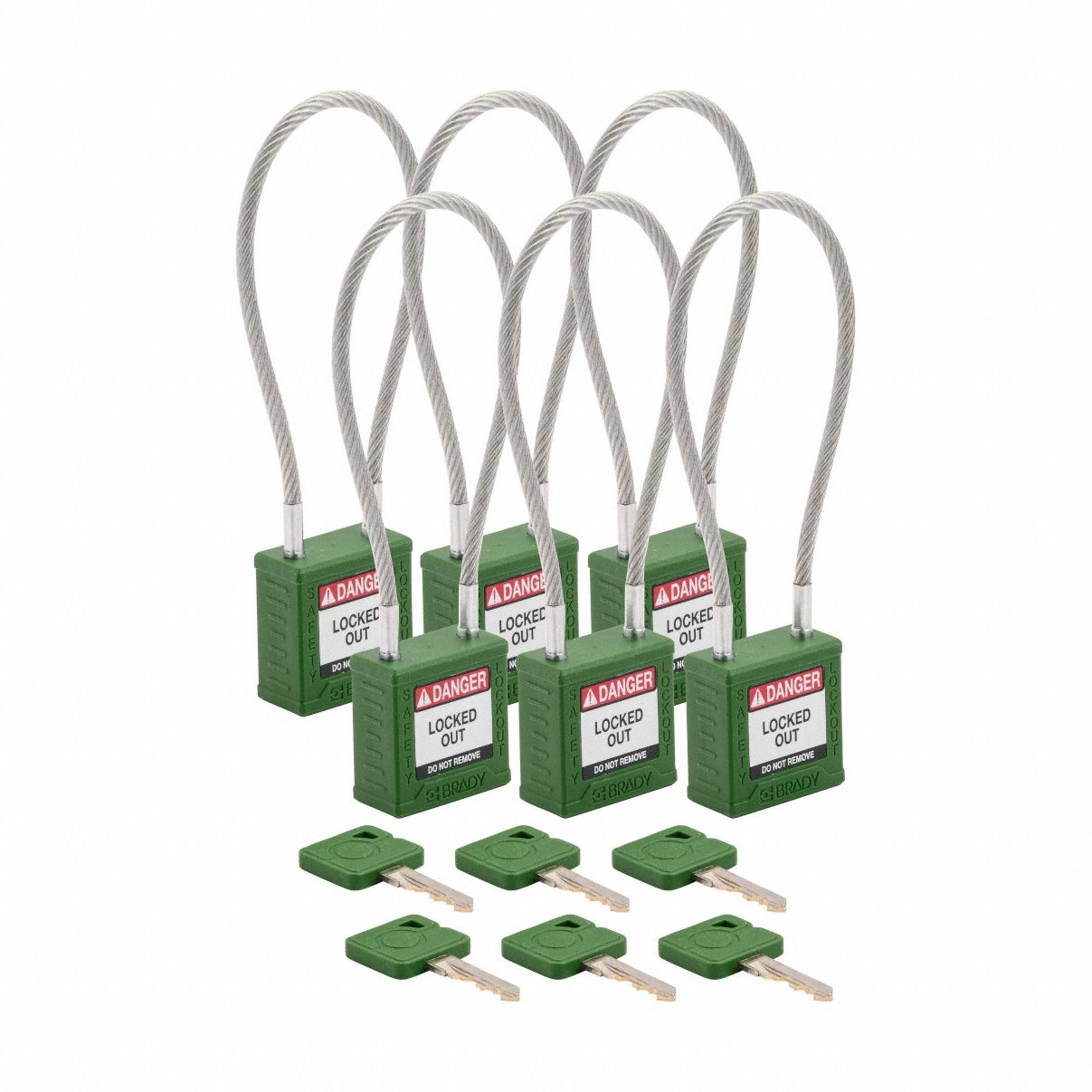 Lockout Padlock: Keyed Alike, Nylon, Compact Body Body Size, Sheathed Cable, Extended, Green