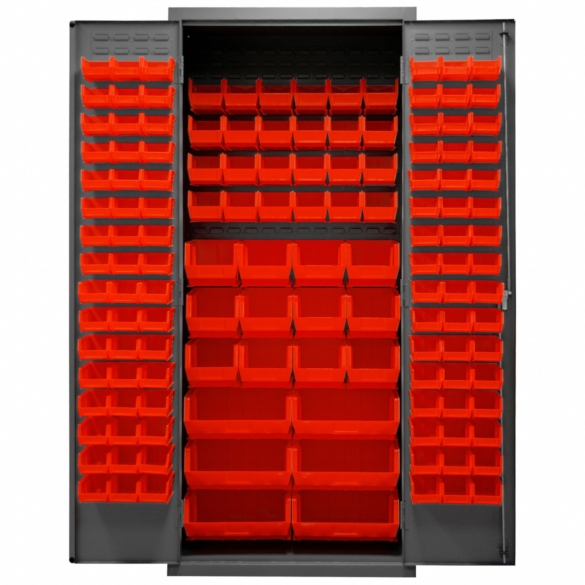 Bin Cabinet: 36 in x 24 in 84 in, 0 Shelves, 138 Bins, Red, Flush, 16 ga Panel, Gray