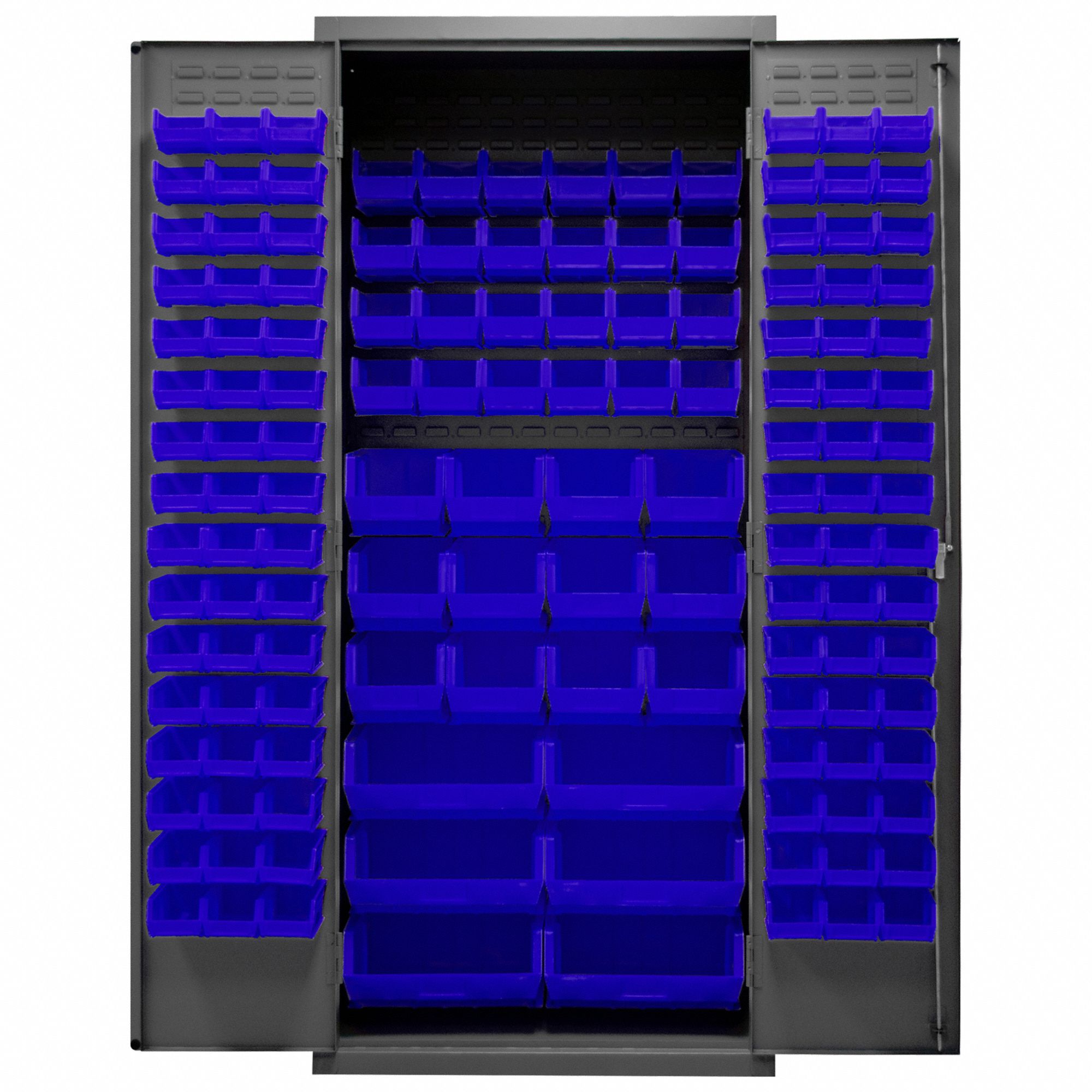 Bin Cabinet: 36 in x 24 in 84 in, 0 Shelves, 138 Bins, Blue, Flush, 16 ga Panel, Gray