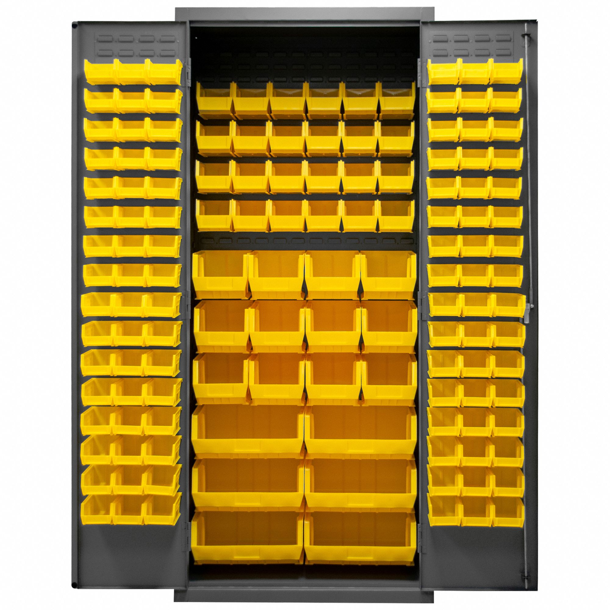 Bin Cabinet: 36 in x 24 in 84 in, 0 Shelves, 138 Bins, Yellow, Flush, 16 ga Panel, Gray