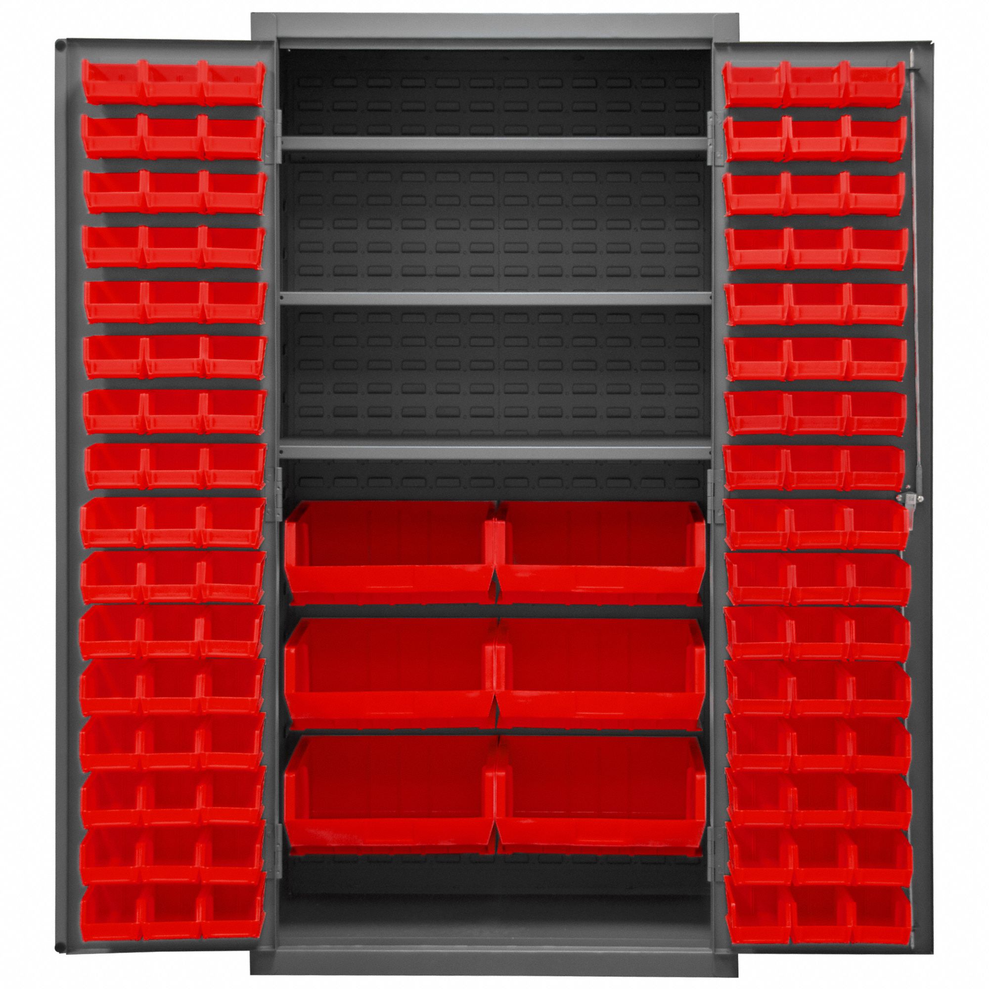 BIN CABINET, 36 IN X 24 IN 72 IN, 3 SHELVES, 102 BINS, RED, FLUSH, 16 GA PANEL, GREY