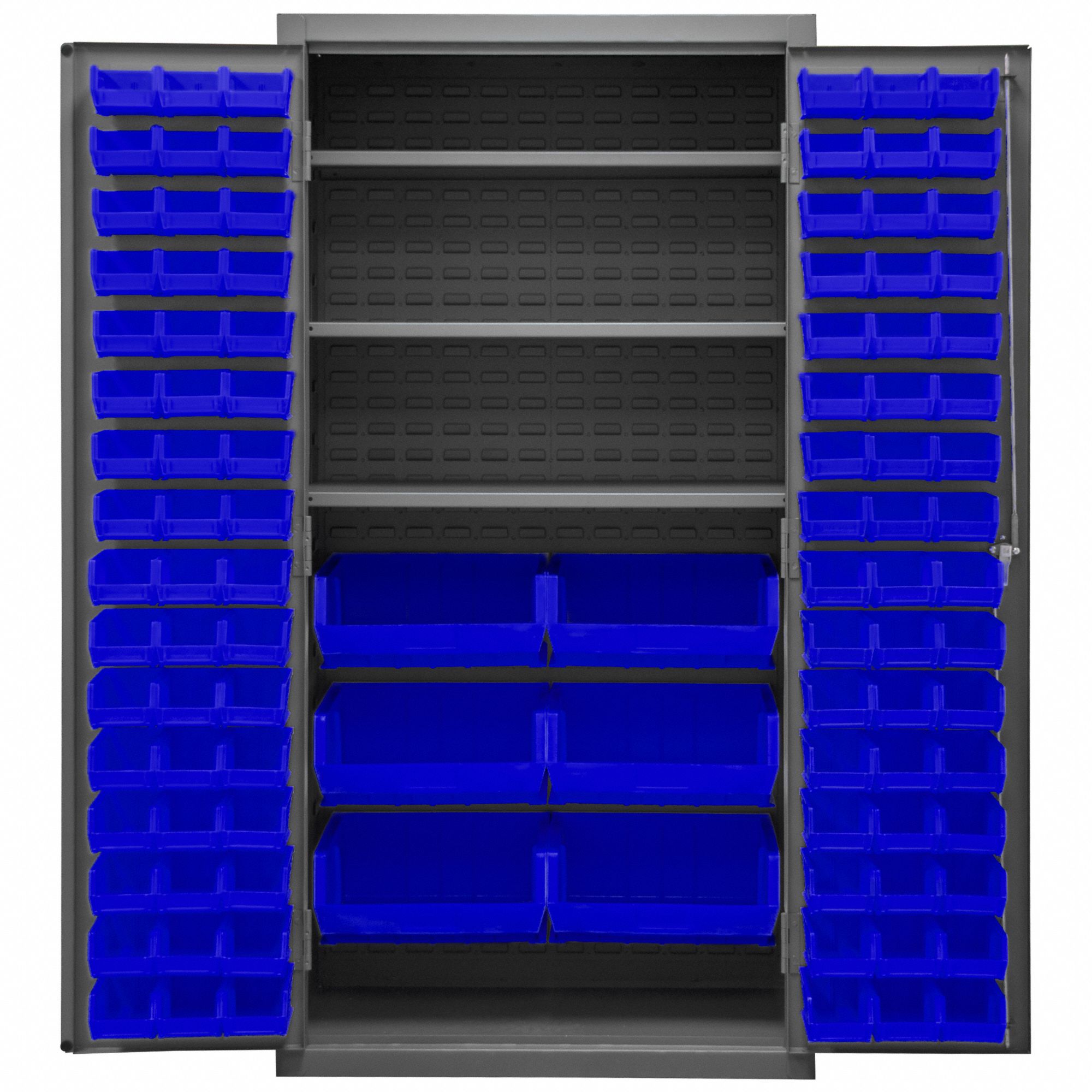 BIN CABINET, 36 IN X 24 IN 72 IN, 3 SHELVES, 102 BINS, BLUE, FLUSH, 16 GA PANEL, GREY