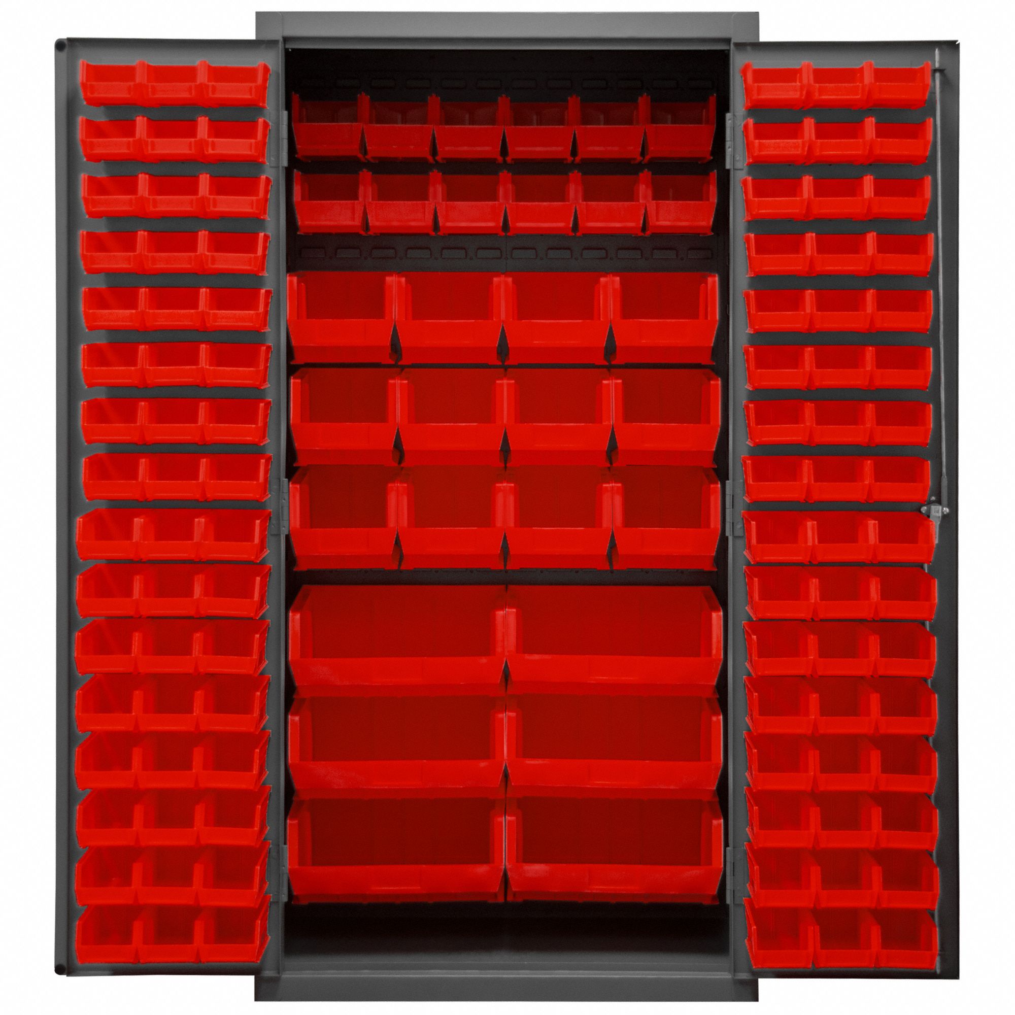 BIN CABINET, 36 IN X 24 IN 72 IN, 126 BINS, RED, FLUSH, 16 GA PANEL, GREY