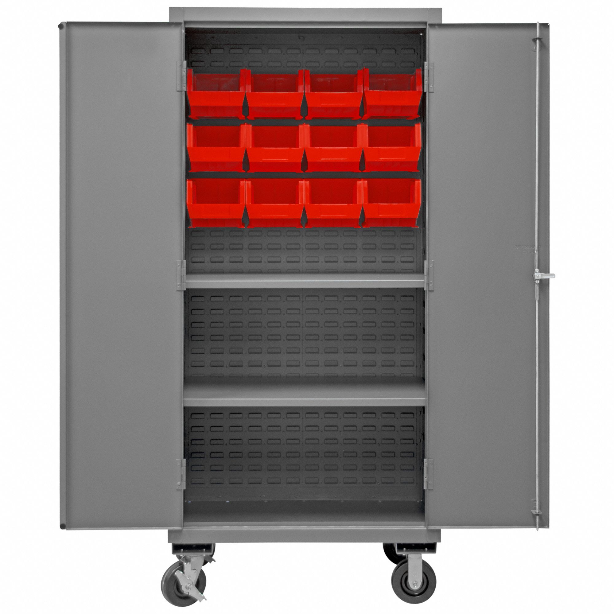 Bin Cabinet: 36 in x 24 in x 81 in, 2 Shelves, 12 Bins, Red, Flush, Assembled, Gray