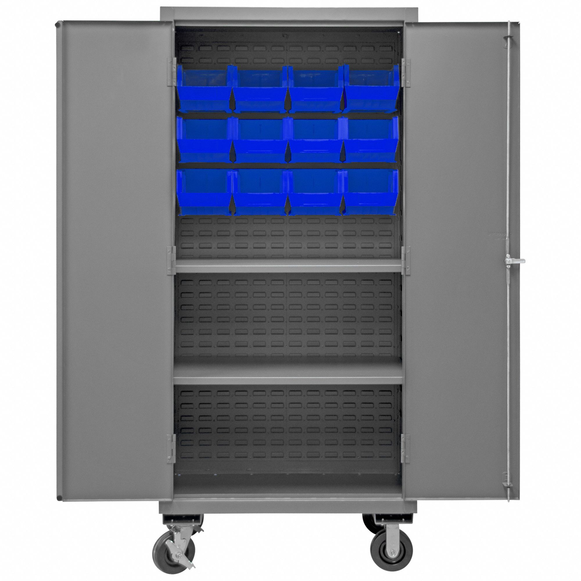 Bin Cabinet: 36 in x 24 in x 81 in, 2 Shelves, 12 Bins, Blue, Flush, Assembled, Gray