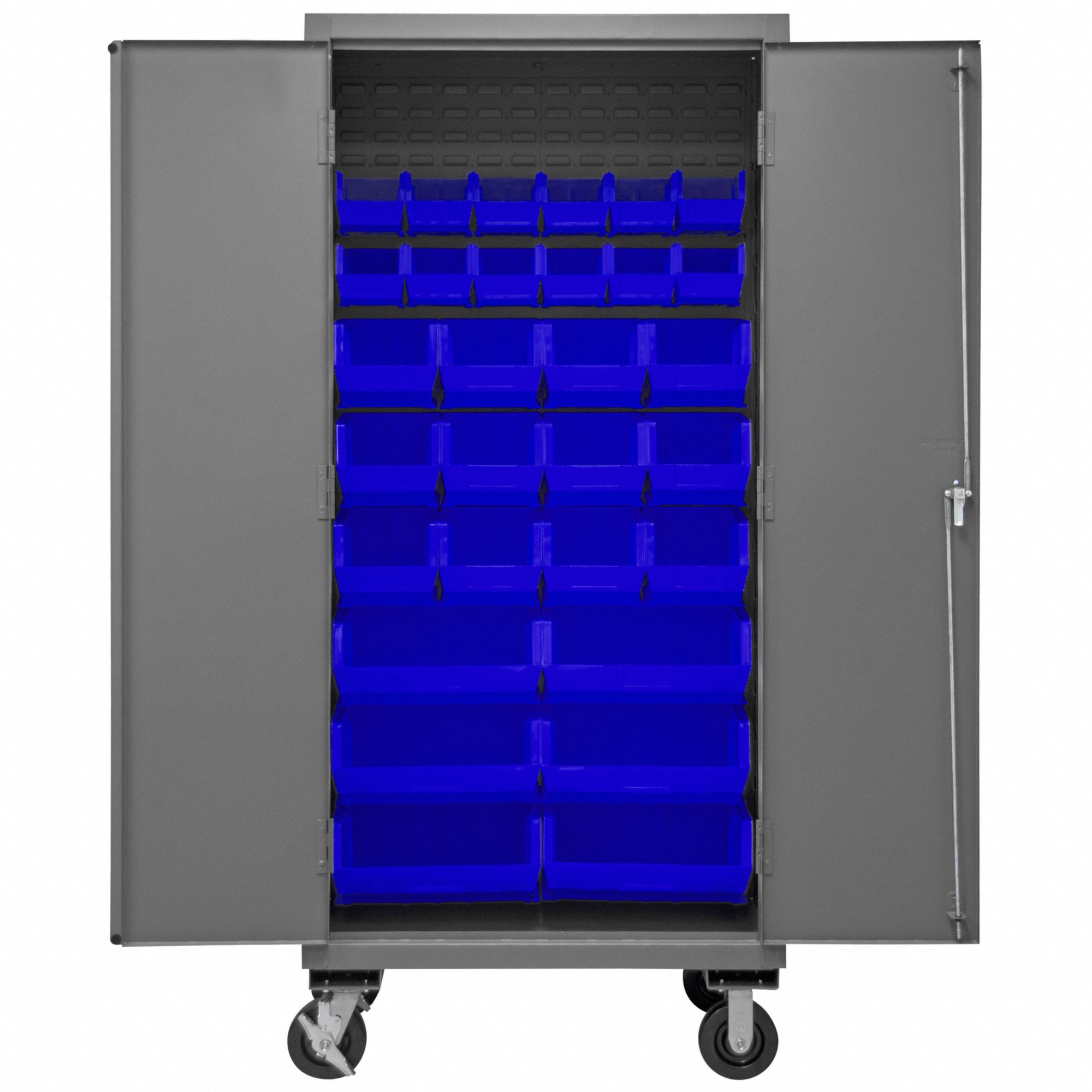 Bin Cabinet: 36 in x 24 in x 80 in, 0 Shelves, 30 Bins, Blue, Solid, Assembled, Gray