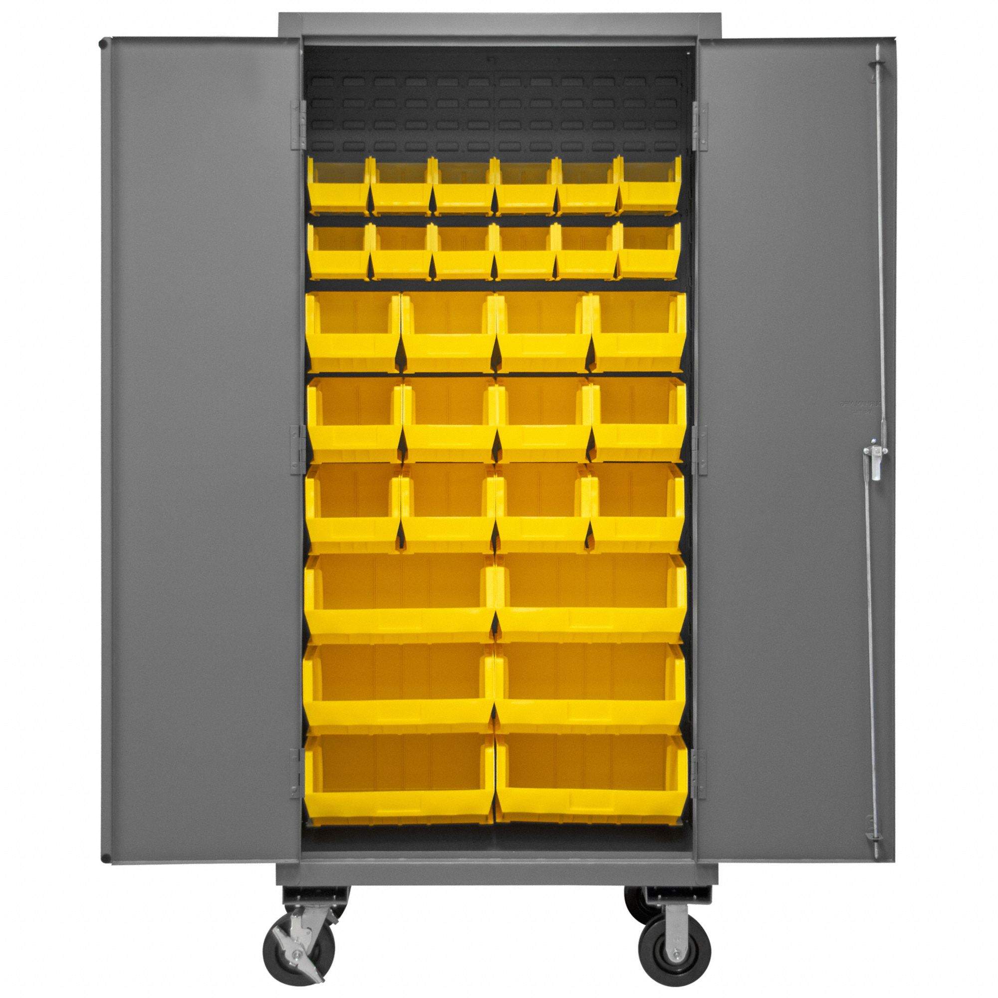 Bin Cabinet: 36 in x 24 in x 80 in, 0 Shelves, 30 Bins, Yellow, Solid, Assembled, Gray