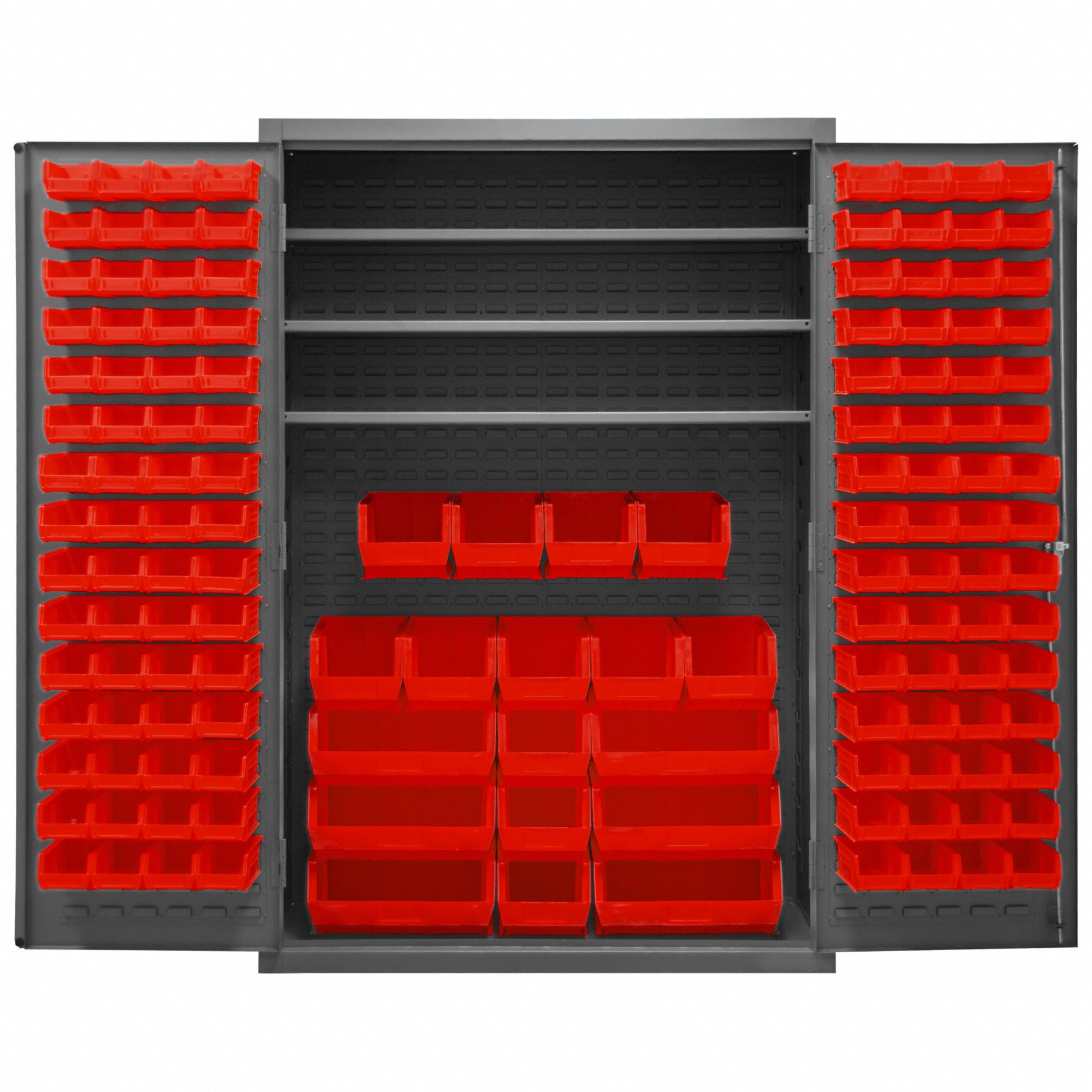 Bin Cabinet: 48 in x 24 in 72 in, 3 Shelves, 138 Bins, Red, Flush, 16 ga Panel, Gray